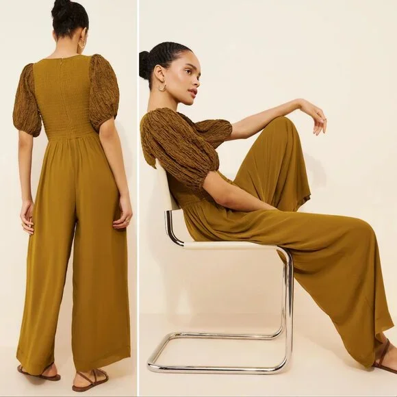 FREE PEOPLE Temperley Puff Sleeve JUMPSUIT Size S Ruched Wide Leg Olive NEW $228 - Picture 3 of 9